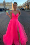 A-line Spaghetti Straps Tulle Long Prom Dresses Evening Dress HZ0509