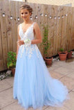 A Line V Neck Backless Sky Blue Tulle Long Prom Dresses HZ0509