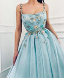 Spaghetti Straps Flowers Long Prom Dresses Tulle Evening Dress HZ0509