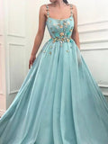 Spaghetti Straps Flowers Long Prom Dresses Tulle Evening Dress HZ0509