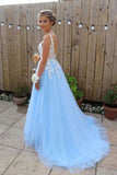 A Line V Neck Backless Sky Blue Tulle Long Prom Dresses HZ0509