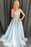 A-line V neck Long Blue Appliques Light Blue Prom Dresses Evening Dress HZ0509