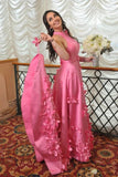 A-line High Neck Pink Flowers Long Prom Dress Cheap Evening Dress HZ0509