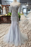Arrival Sequins Bodice Prom Dresses Tulle Mermaid Sweep Train HZ0509