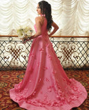 A-line High Neck Pink Flowers Long Prom Dress Cheap Evening Dress HZ0509