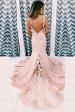 Mermaid Pink Lace Appliques Long Prom Dress With Slit Backless Evening Dress HZ0509