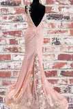 Mermaid Pink Lace Appliques Long Prom Dress With Slit Backless Evening Dress HZ0509