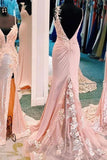 Mermaid Pink Lace Appliques Long Prom Dress With Slit Backless Evening Dress HZ0509