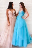 A-line Spaghetti Straps Lace Appliques Long Prom Dresses Tulle Evening Dress HZ0509