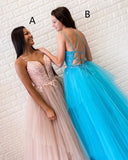 A-line Spaghetti Straps Lace Appliques Long Prom Dresses Tulle Evening Dress HZ0509
