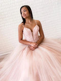 A-line Spaghetti Straps Lace Appliques Long Prom Dresses Tulle Evening Dress HZ0509