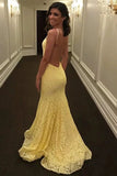 Stunning Mermaid Spaghetti Straps Lace Yellow Long Prom Dress Evening Dress HZ0509
