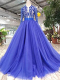 Blue Tulle Long Sleeves Prom Dresses, Quinceanera Dresses HZ0509