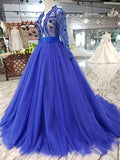 Blue Tulle Long Sleeves Prom Dresses, Quinceanera Dresses HZ0509