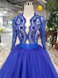 Blue Tulle Long Sleeves Prom Dresses, Quinceanera Dresses HZ0509