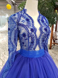 Blue Tulle Long Sleeves Prom Dresses, Quinceanera Dresses HZ0509