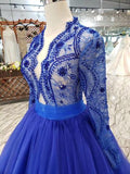 Blue Tulle Long Sleeves Prom Dresses, Quinceanera Dresses HZ0509
