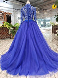 Blue Tulle Long Sleeves Prom Dresses, Quinceanera Dresses HZ0509