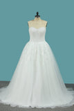 Tulle A Line Wedding Dresses With Applique Beads Sweep Train HZ0509