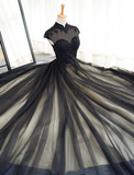 Chic A line High Neck Black Tulle Floor Length Modest Prom Dress Evening Dress HZ0509
