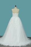 Tulle A Line Wedding Dresses With Applique Beads Sweep Train HZ0509