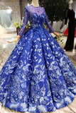 Blue Long Sleeves Lace Prom Dresses,Ball Gown Quinceanera Dresses HZ0509