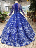 Blue Long Sleeves Lace Prom Dresses,Ball Gown Quinceanera Dresses HZ0509