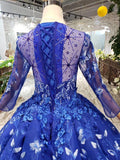 Blue Long Sleeves Lace Prom Dresses,Ball Gown Quinceanera Dresses HZ0509