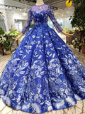 Blue Long Sleeves Lace Prom Dresses,Ball Gown Quinceanera Dresses HZ0509