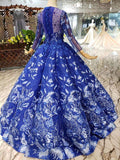 Blue Long Sleeves Lace Prom Dresses,Ball Gown Quinceanera Dresses HZ0509