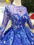 Blue Long Sleeves Lace Prom Dresses,Ball Gown Quinceanera Dresses HZ0509