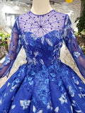 Blue Long Sleeves Lace Prom Dresses,Ball Gown Quinceanera Dresses HZ0509