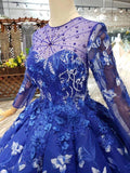Blue Long Sleeves Lace Prom Dresses,Ball Gown Quinceanera Dresses HZ0509
