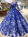 Blue Long Sleeves Lace Prom Dresses,Ball Gown Quinceanera Dresses HZ0509