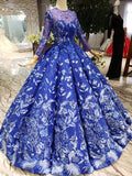 Blue Long Sleeves Lace Prom Dresses,Ball Gown Quinceanera Dresses HZ0509