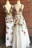 V Neck Prom Dresses Floor Length Formal Party Dress with Appliques HZ0509