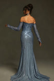 Dusty Blue Off Shoulder Sequin Split Maxi Dress HZ0509