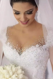 Line Cap Sleeves Wedding Dresses Tulle With Applique And Beads Court Train HZ0509