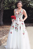 V Neck Prom Dresses Floor Length Formal Party Dress with Appliques HZ0509