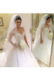 Line Cap Sleeves Wedding Dresses Tulle With Applique And Beads Court Train HZ0509