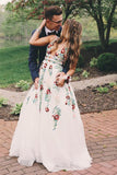 V Neck Prom Dresses Floor Length Formal Party Dress with Appliques HZ0509