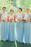 A-Line Bateau Sleeveless Light Sky Blue Chiffon Aline Long Bridesmaid Dress with Lace HZ0509