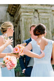 A-Line Bateau Sleeveless Light Sky Blue Chiffon Aline Long Bridesmaid Dress with Lace HZ0509