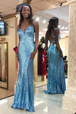 Blue Sequin Sparkly Spaghetti Strap V Neck Prom Dresses,Formal Evening Dress HZ0509