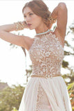 Sexy High Neck Lace Bodice Beach Wedding Dress,Ivory Chiffon Prom Dress HZ0509