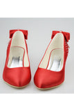 Red Satin Beading Low Heel Close Toe Women Shoes HZ0509