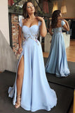 Cap Sleeves Floor-Length Light Blue Prom Dress with Appliques Split HZ0509
