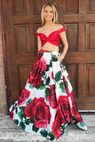 Piece Off-the-Shoulder Floor-Length Red Floral Prom Dress with Pockets HZ0509