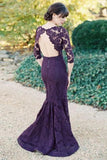 Half Sleeves Mermaid Long Purple Lace Open Back Bridesmaid Dress HZ0509