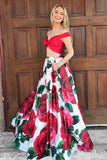 Piece Off-the-Shoulder Floor-Length Red Floral Prom Dress with Pockets HZ0509